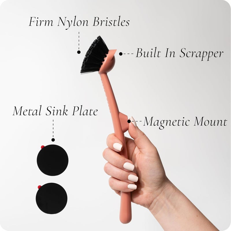 Earth & Mango Magnetic Dish Brush – Dish Scrubber with Built-in Scraper – Snaps to Sink, Dries Fast, Declutters Your Counter (Terracotta Clay) - Image 3